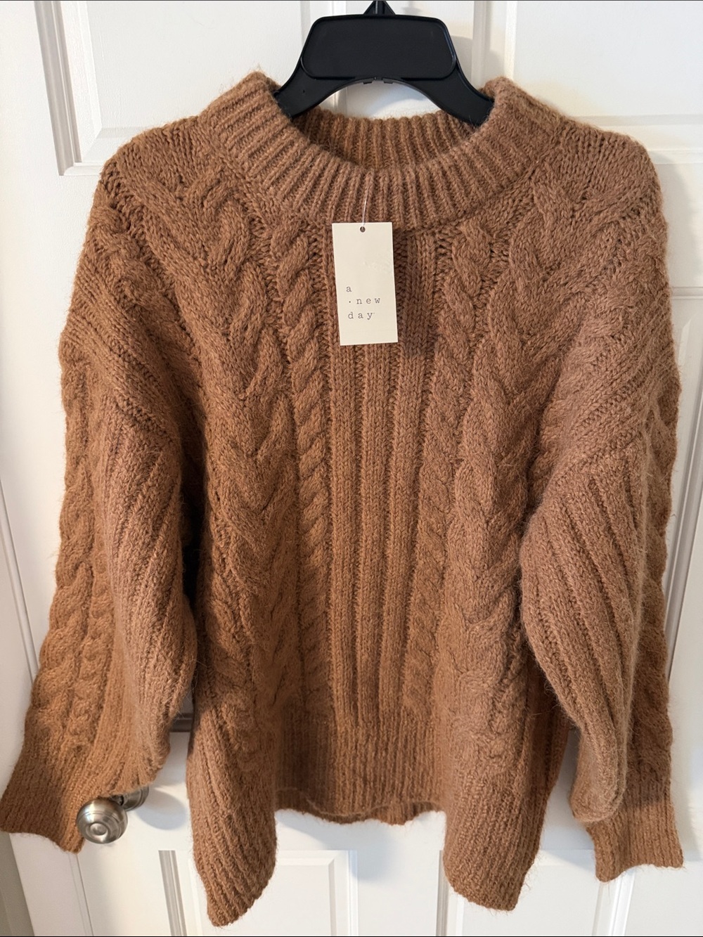NWT A New Day Chunky Cable Knit Fisherman Aran Crewneck Sweater - Brown Large